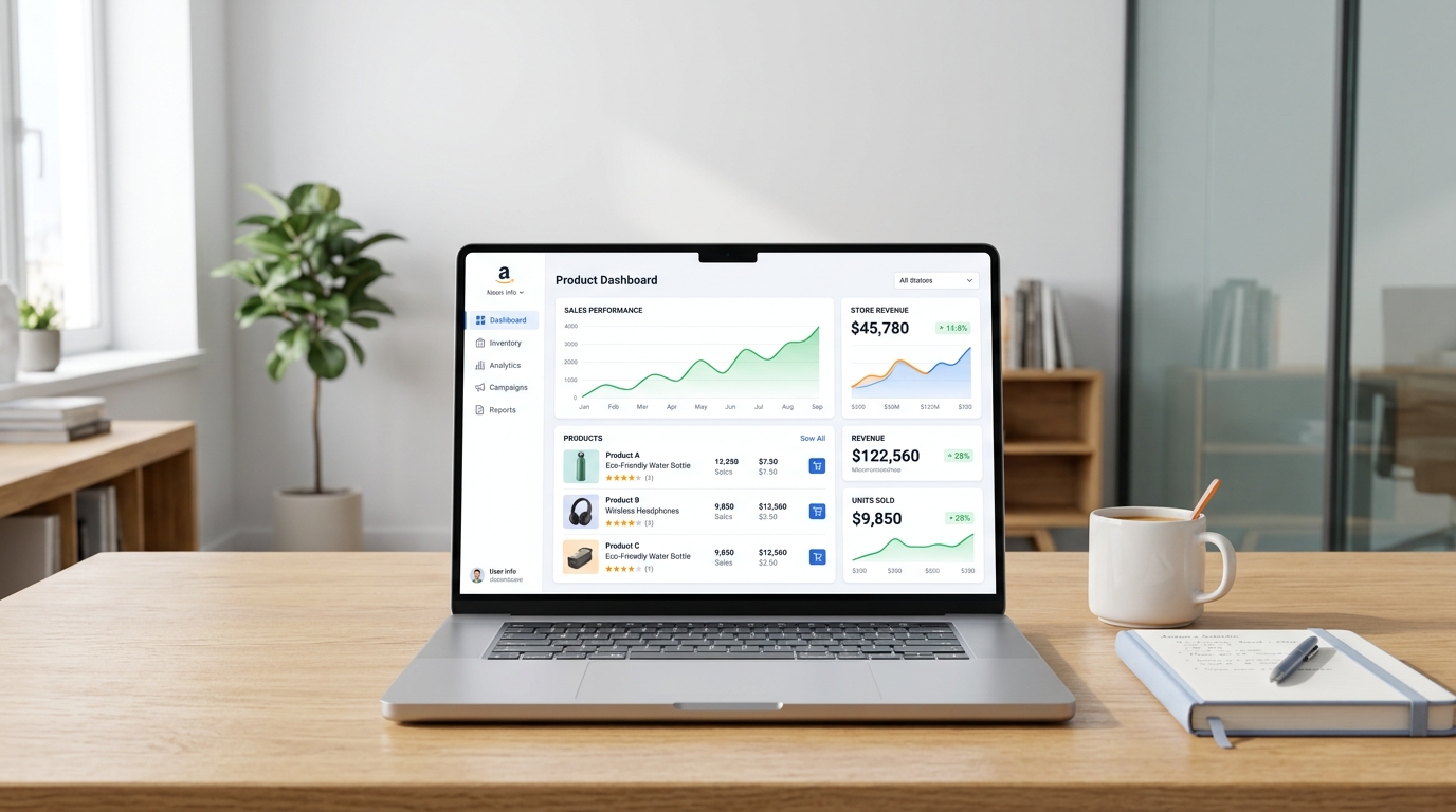 Amazon Virtual Assistant services team managing an e-commerce store dashboard