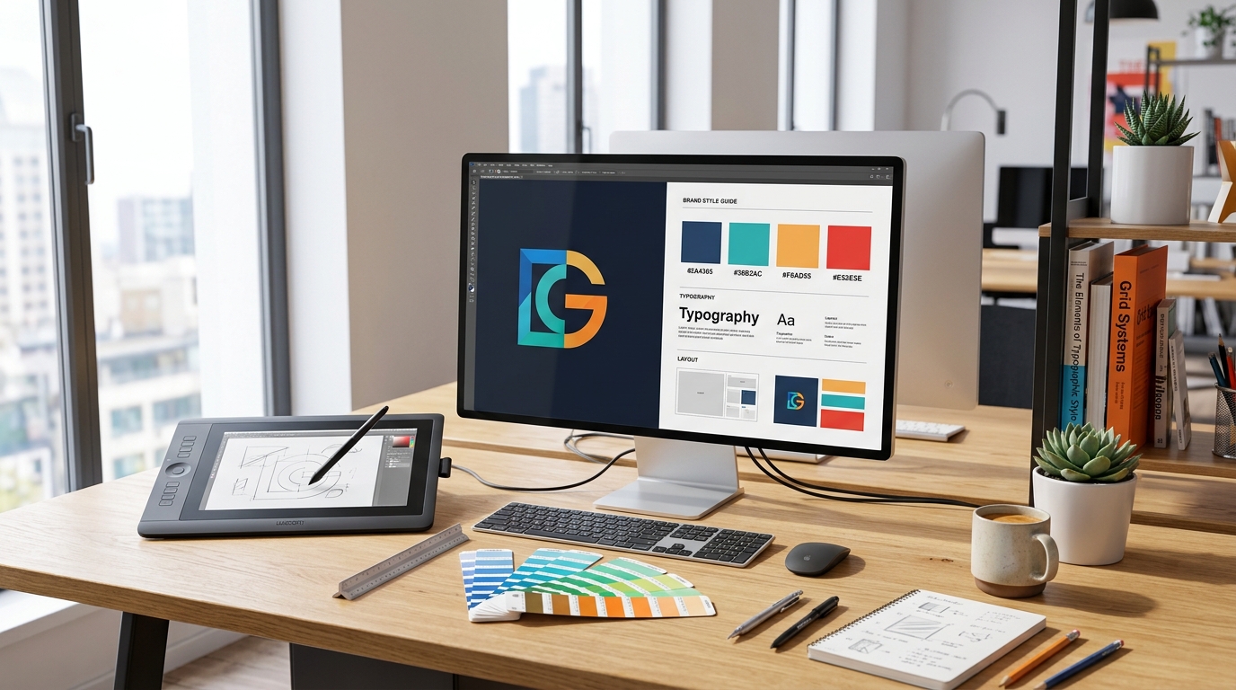 Professional graphic design services workspace with logo and brand style guide